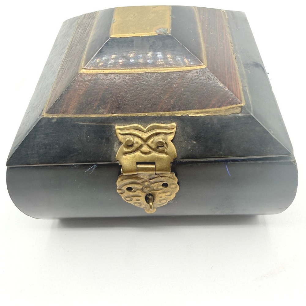 Trinket Box Small Black Brown Good India Boho Mixed Wood Brass Inlay